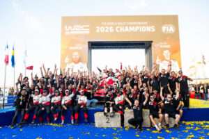 Elfyn Evans (GBR), Scott Martin (GBR) of team TOYOTA GAZOO RACING WRT celebrate becoming WRC champions 2026 during the World Rally Championship in Alghero, Italy on 04.10.2026. // Jaanus Ree / Red Bull Content Pool // SI202610040716 // Usage for editorial use only //